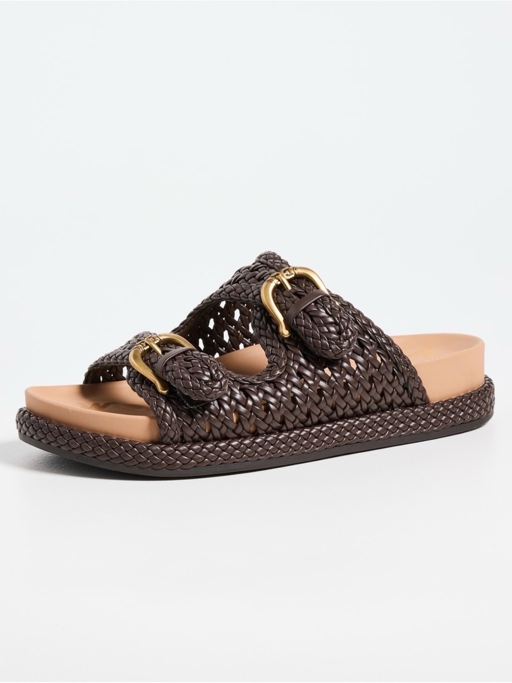 Sam Edelman Braided Slide Sandals in Dark Brown with Gold Buckles